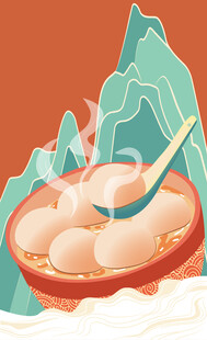 国潮元宵节汤圆背景插画中国风元