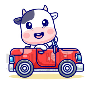 卡通小牛驾驶红色小车