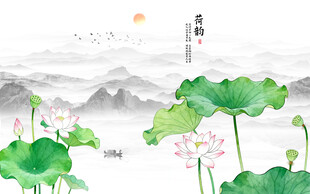 中式荷花国画背景图