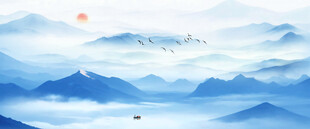 蓝色水墨山水画