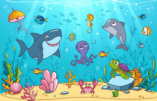 卡通鲨鱼海豚海底动物珊瑚背景墙