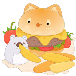 可爱小猫牛肉饼番茄汉堡快餐插画