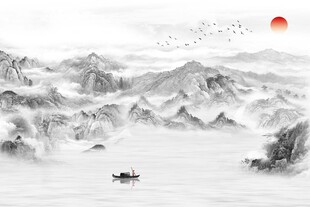 新中式古典水墨意境黑白山水画风