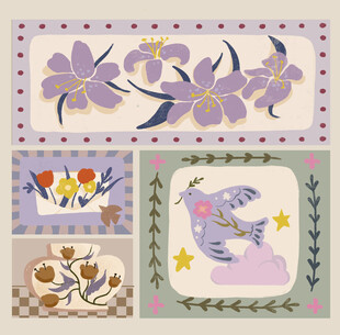 中古风花卉飞鸟装饰插画