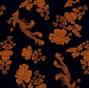 黑色底橙色花卉图案