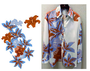 印花衬衫搭配花叶装饰