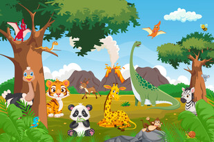 可爱动物卡通森林火山儿童背景墙