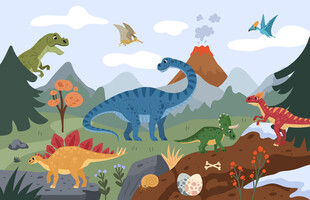 恐龙世界卡通森林火山儿童背景墙