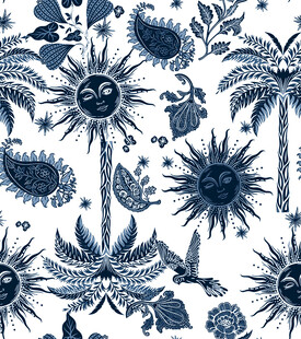 蓝白植物图案印花布料