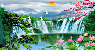 流水生财瀑布山水画