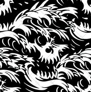 黑白海浪骷髅纹身图案