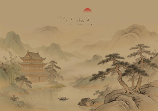 中式古风古典山水画背景墙