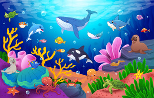 梦幻海洋动物卡通海底珊瑚背景墙