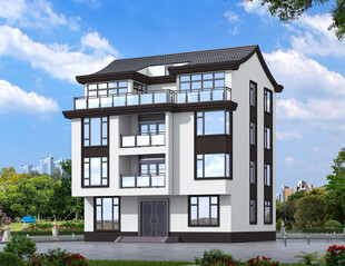 中式现代风格三层别墅设计效果图