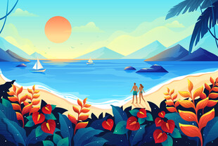 海边落日美式插画