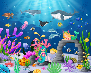 海底世界卡通美人鱼鲸鱼珊瑚背景