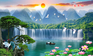 流水生财瀑布山水画壁画