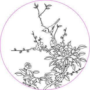 圆形花鸟线描图