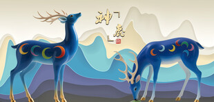 梅花鹿九色山水装饰画