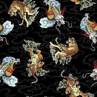 中式神兽图案黑色背景印花