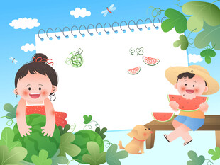 夏天小朋友戴草帽吃西瓜儿童插画