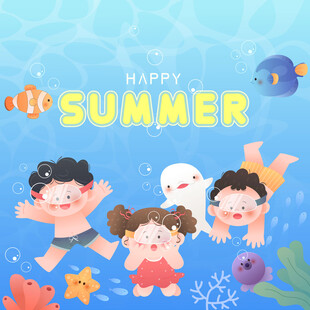 夏天海底游泳小丑鱼海星儿童插画