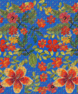 蓝色底绚丽花卉刺绣图案