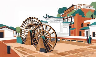 古村中的大水车景观