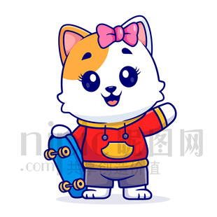 穿红衣的可爱滑板小猫