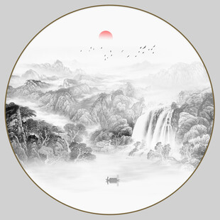 圆形水墨山水画