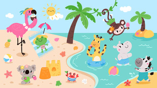 卡通海滩动物乐园海洋儿童背景墙