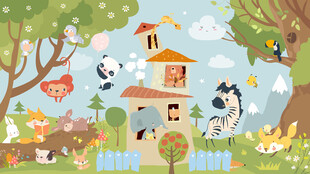 卡通森林小屋可爱动物儿童背景墙