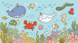 手绘可爱海洋鲸鱼海底珊瑚背景墙