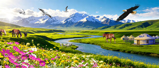雪山下的草原河流