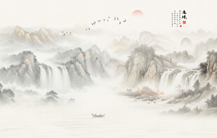 新中式古风国画山水画背景墙