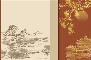 新中式线描山水阁楼背景墙