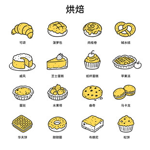 矢量卡通手绘线条烘焙美食图标