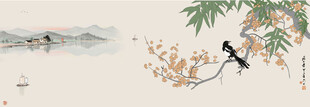 水墨山水画喜上眉梢水墨山水画