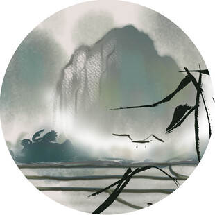 水墨山水间的灵动飞鸟