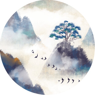 水墨山水间飞鸟伴松景
