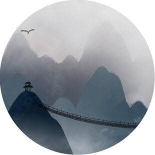 山间悬索桥云雾飞鸟景