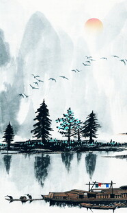 水墨山水湖畔景