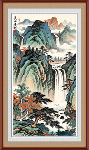 山水画流水生财招财画客厅画竖版