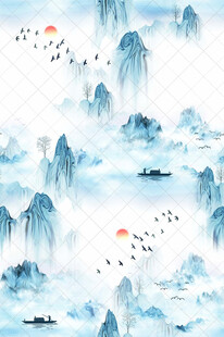 水墨山水间飞鸟悠然图景