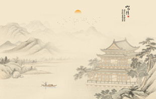 新中式屏风古风水墨山水画背景墙