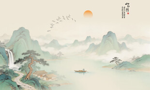 新中式迎客松背景墙壁画