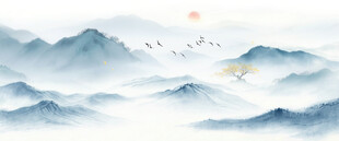 蓝色水墨山水画