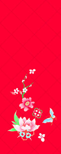 红色背景上的花卉飞鸟汉服