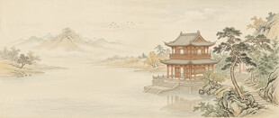 中式古画古风阁楼山水画电视背景