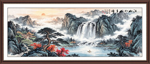 迎客松瀑布山水画
